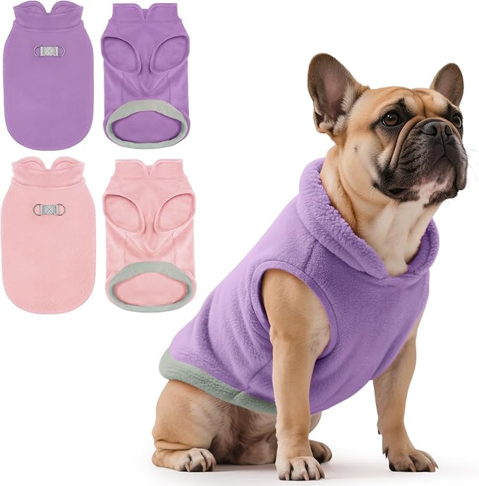 Idepet 2 Pack Dog Fleece Vest Sweater Warm Pullover Jacket with D-Ring Leash Reflective Winter Coat Hoodie for Puppy Cat French Bulldog Pug Chihuahuas Yorkies Dachshunds(Purple&Pink,Medium)