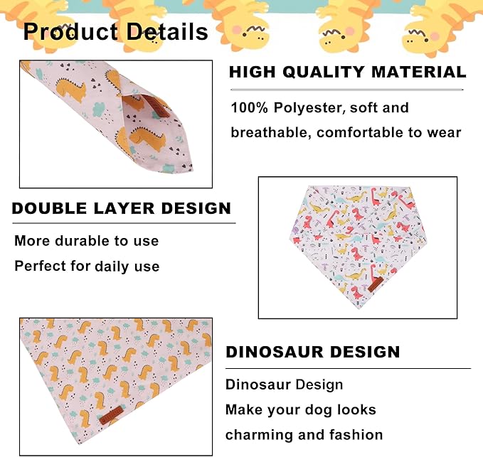 ADOGGYGO Dinosaur Dog Bandanas, Colorful Dino Pattern Pet Scarf, Premium Soft Fabric, Adjustable Fit Dinosaur Bandanas for Extra Large Dogs (X-Large)
