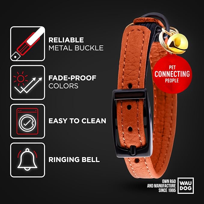 Leather Cat Collar with Bell and Safety Elastic Strap Breakaway Alternative for Small & Large Kittens, Stylish Pet Leather Collar for Boy, Girl Cats with Metal Buckle & QR ID Tag (Orange)