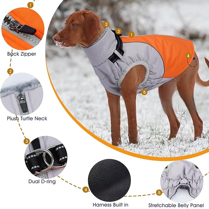 Small Dog Coat with Harness Built in,Warm Dog Jacket Water-Repellent Pet Winter Coat Snowsuit for Cold Weather,Reflective Fleece Jackets,Warm Pet Jacket with Zip,Doggy Winter Coats,Orange,S