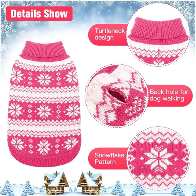 KOOLTAIL Cable Knit Dog Sweater Turtleneck, Cold Weather Pullover Classic Knitwear, Snowflake Pattern Thick Warm Winter Pet Clothes, Dog Christmas Sweater for Small Medium Large Dogs Girl, Pink M