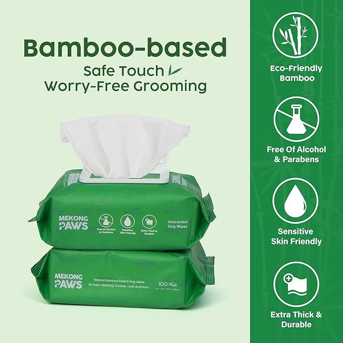 Unscented Pet Grooming Wipes - Natural Bamboo Fiber - Cleansing Wipes for Dog & Cat - Soft & Caring for Sensitive Skin - Durable & Tear Resistant for Paw, Coat & Bum Freshening - 100 Count
