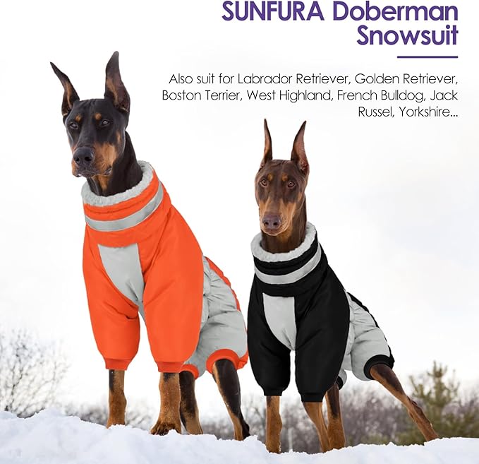 SUNFURA Full Body Dog Coat - Warm Fleece Jacket for Large Dogs, Turtleneck Winter Coats with Harness, Reflective Windproof Dog Snowsuit with Legs for Labrador,Golden Retriever, Black 2XL