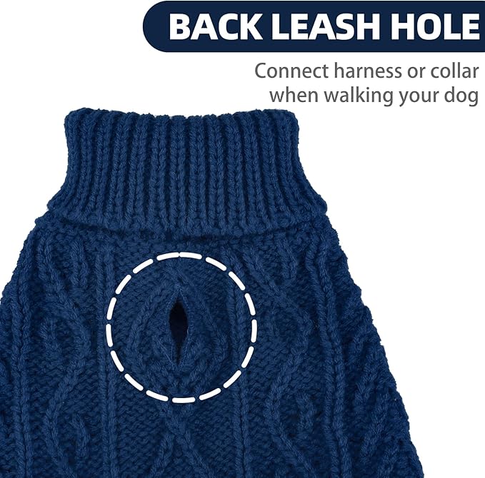 PUPTECK Dog Sweater, Turtleneck Warm Knitted Pullover Coat, Thick Cable Knitwear Clothes in Winter, Pet Apparel Outfits for Small Medium Dogs, for Cold Weather Indoor & Outdoor, Deep Blue S