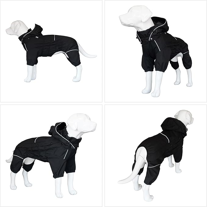 LOVELONGLONG Fleece-Lined Dog Raincoat with Removable Hood – Waterproof Winter Full Body Dog Jacket – Windproof Snowproof Cold-Weather Suit – Black-F L