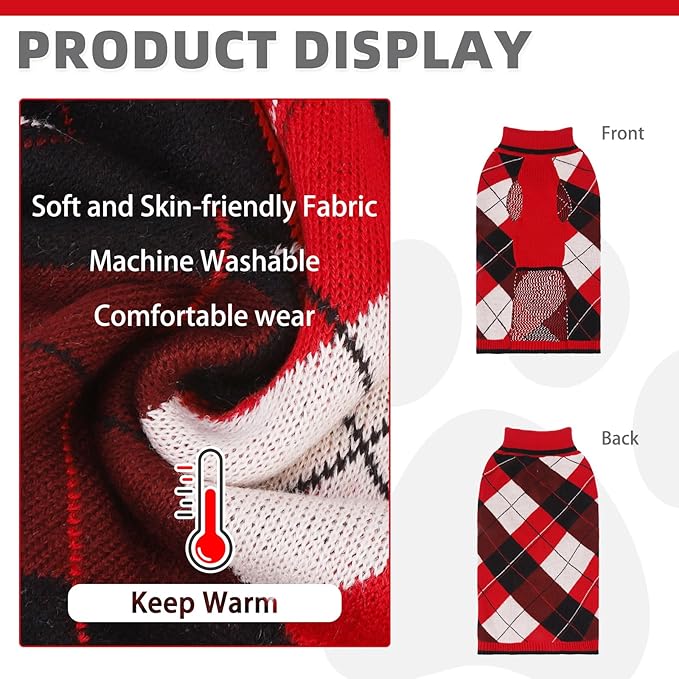KOOLTAIL Dog Sweater for Small Dogs, Puppy Knitted Clothes - Classic Plaid Pullover Turtleneck Thick Warm Fall Cat Sweaters with Leash Hole, Dog Winter Clothes for Chihuahua Dachshund Girls Boys, XS