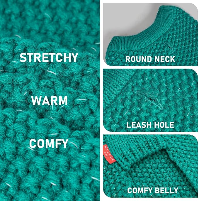 KYEESE Dog Christmas Sweater for Large Dogs with Leash Hole Warm Pullover with Reflective Yarn Male Thick Stretchy Knitwear Winter Soft Pet Coat boy Cold Weather Comfy Dog Sweaters, Green,XXX-Large