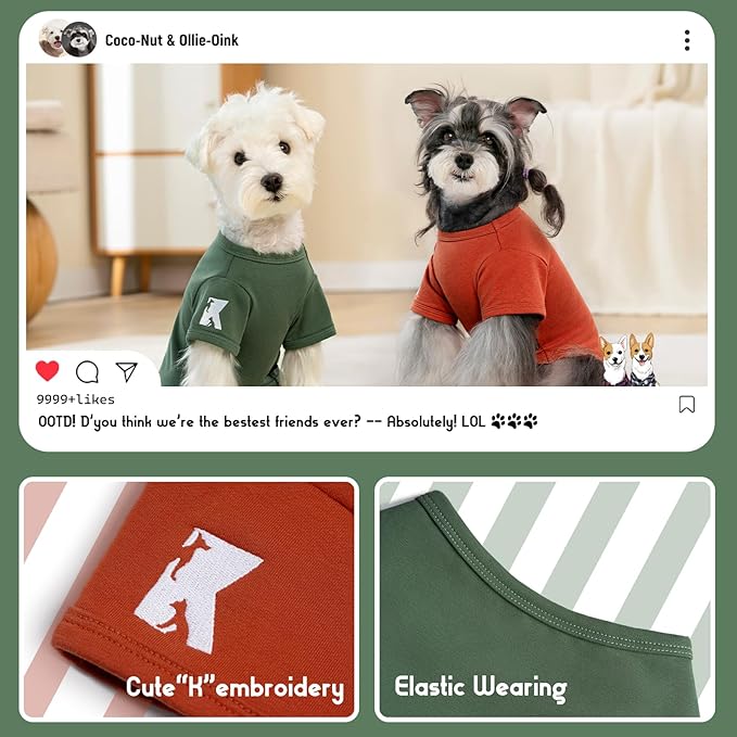 Koneseve Dog Shirt Soft Cotton Stretchy Clothes Comfy for Small Dogs Cat 2-Pack Rust & Mist Green XS