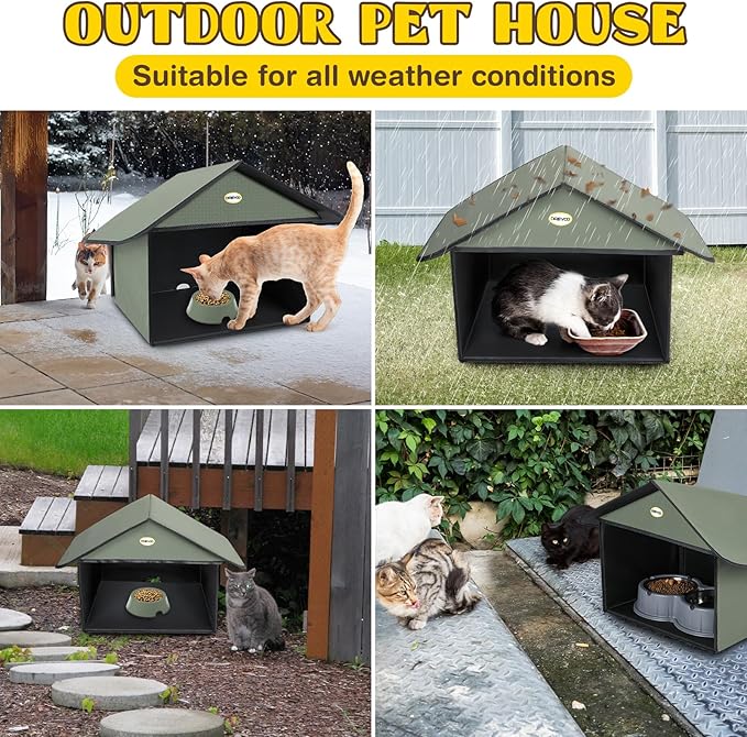 Dreyoo 1 Pack Outdoor Cat Feeding Station for Food & Water, Weatherproof Outdoor Kitty Dining Room Cat Shelter for Stray, Feral Cats and Community Cats, 13”d x 17”w x 15.5'h (Dark Green)