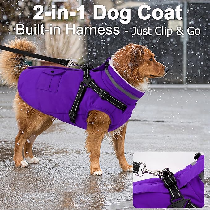 Dogcheer Dog Coat with Harness, Waterproof Warm Dog Winter Jacket with Pockets, Reflective Pet Fleece Jacket Turtleneck Snowsuit for Small Medium Large Dogs - Purple, XL