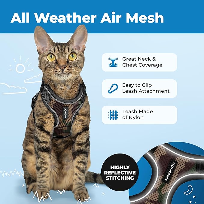 Voyager Escape Proof Cat Harness and Leash Set with Reflective Stitching, Neoprene Handle 5ft - Supports Small, Medium and Large Cats, Kittens for Walking by Best Pet Supplies - Army, XXS