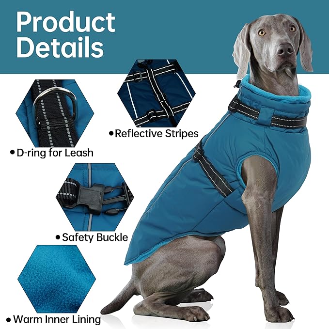 PUMYPOREITY Winter Fleece Coat for Small Dogs, Reflective Dog Jacket with Harness Built in, Waterproof Warm Coat for Dogs, Cold Weather Coats for Outdoor, Therma Windproof Pet Snowsuit, Blue, S