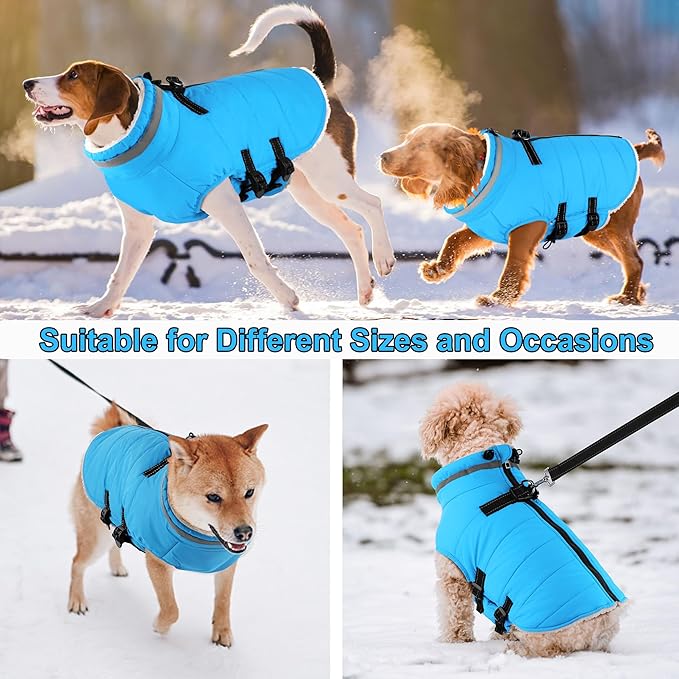 Dogcheer Dog Coat with Harness, Waterproof Dog Jacket Adjustable Pet Winter Coat with Zipper, Christmas Puppy Snow Jacket Fleece Sweater for Small Medium Large Dogs - Sky Blue XS