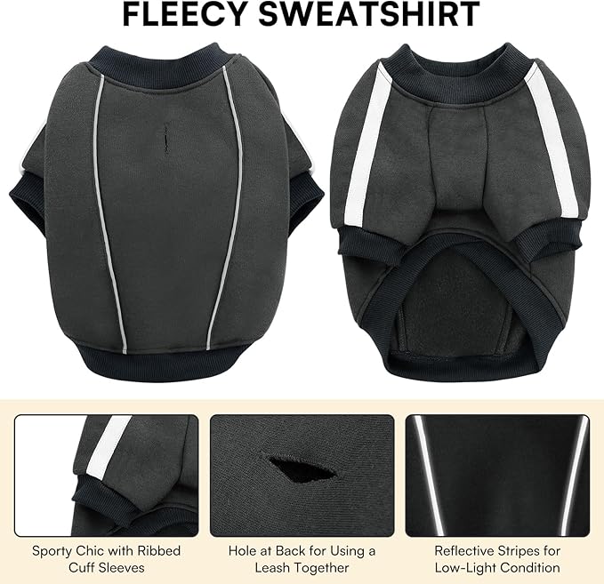 Queenmore Fleece Dog Sweater for Male Dogs, Soft Pullover Dog Sweatshirt with Leash Hole/Reflective Stripes – Cozy Winter Fleece Jacket for Small Medium Large Boy Puppy, Grey XXL