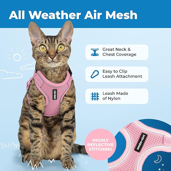 Voyager Escape Proof Cat Harness and Leash Set with Reflective Stitching, Neoprene Handle 5ft - Supports Small, Medium and Large Cats, Kittens for Walking by Best Pet Supplies - Pink, XS