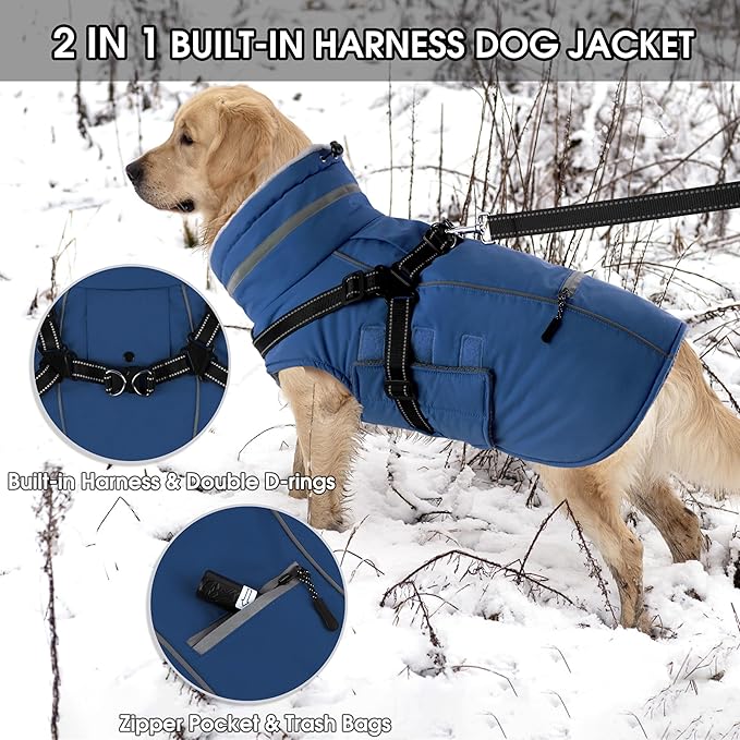 PETDSH Dog Coat Large, Built-in Harness Dog Jacket with Warm Fleece Lining, Waterproof Reflective Dogs Winter Coat, Pet Coats with Pocket and Trash Bags (Navy Blue, XX-Large)
