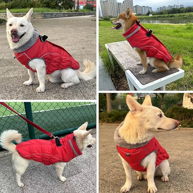 Malier Dog Coat, Reflective Dog Jacket Waterproof Windproof Puppy Cold Weather Coats with Harness Built in, Winter Extra Warm Pet Coat Fleece Vest for Small Large Pets and Puppy (Red, X-Small)