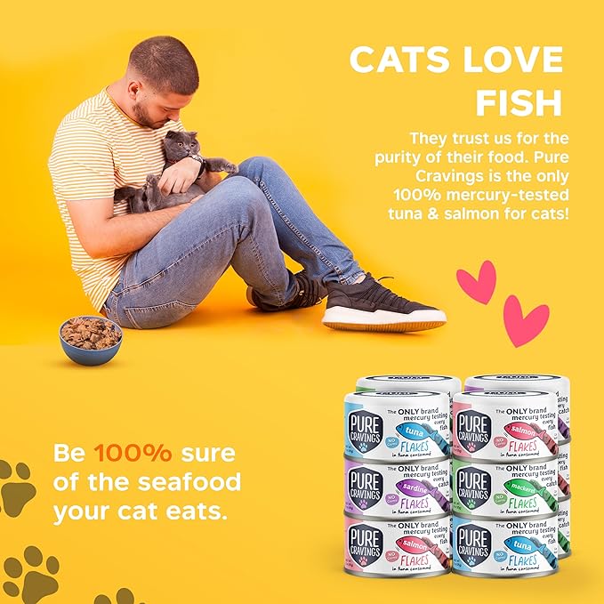 Pure Cravings Flakes in Tuna Consommé, Canned Wet Cat Food Soup, 100% Mercury-Tested, Moist Can Fish, Grain-Free Protein, Non-GMO, 3oz, Variety Pack 3X Tuna, 3X Salmon, 3X Sardine, 3X Mackerel