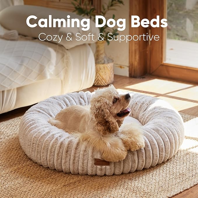 FUKUMARU Dog Bed, Calming Donut Dog Beds for Anxious Puppies, Modern Aesthetic Cat Bed with Gradient Print, Cute Round Pet Beds with Washable Cover, Orthopedic Puppy Bed, Camel, Small, 25 inches