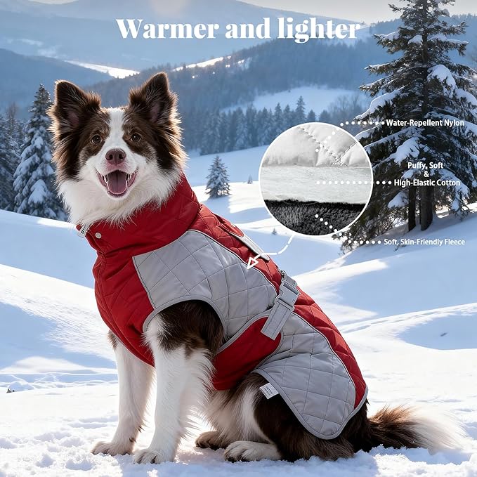 Dog Coat Dogs Winter Coat- Fleece Lined,Water-Resistant,Convertible Collar,Back Reflective Strip&Easy to Wear for Outdoor Walking Dog-Jacket(Red, Large)