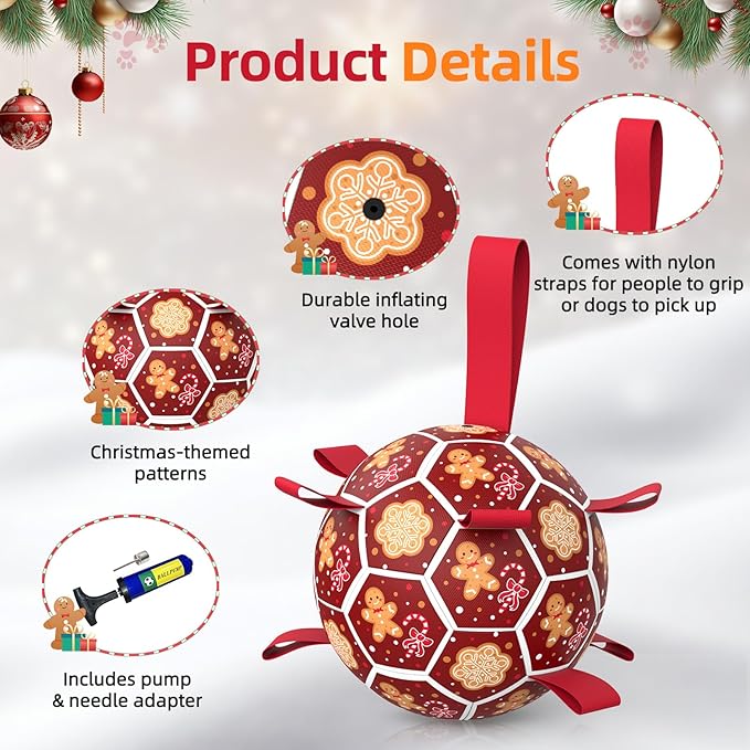 Diman Dog Soccer Ball with Straps, Christmas Dog Toys, Pet Toys Balls for Meium Large, Pet Birthday Gift, Outdoor Pet Toys for Tug of War (7 Inch)