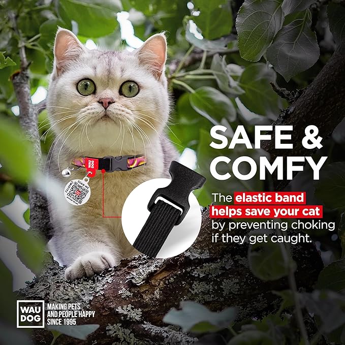 WAUDOG Nylon Cat Collar with Removable Bell and QR ID Tag for Small, Medium and Large Breeds Adjustable Long Lasting Durable Kitten Collars Boy & Girl