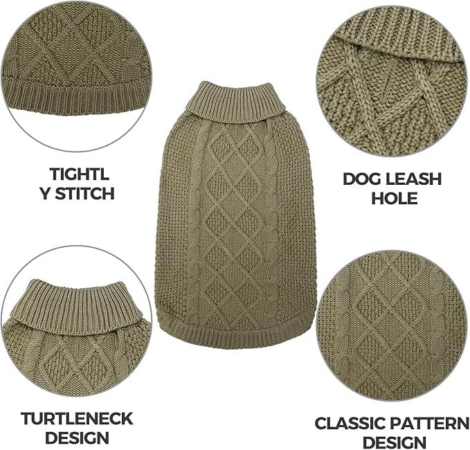 Mihachi Turtleneck Dog Sweater - Winter Coat Apparel Classic Cable Knit Clothes with Leash Hole for Cold Weather, Ideal Gift for Pet in New Year Army Green New XS