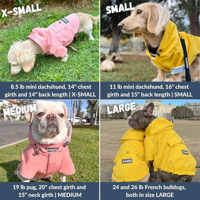DJANGO Highland Dog Jacket & Raincoat – Water-Repellent, Lined Dog Coat with Hood, Adjustable Fit & Harness Hole – Lightweight Rain & Wind Jacket for Small & Medium Dogs up to 30 lbs (Pink, Small)