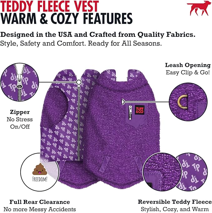 Tuff Pupper Reversible Fleece Sweater Vest for Dogs | Lightweight Comfortable Insulated Jacket | Front Zip Closure | Machine Washable | Built-in Leash Hole | Sizes for All Breeds (Small, Purple)