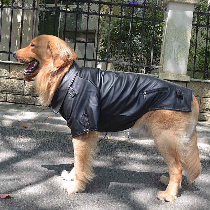 Lovelonglong Cool Dog Leather Jacket, Warm Coats Dogs Windproof Cold Weather Coats for Large Medium Small Dogs, Boston Terrier Bichon Clothing Black XXL
