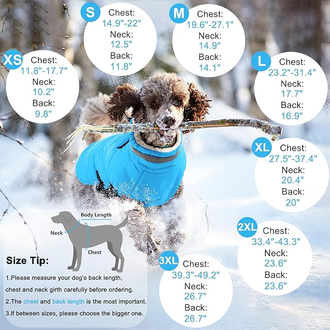 Dogcheer Dog Coat with Harness, Waterproof Dog Jacket Adjustable Pet Winter Coat with Zipper, Christmas Puppy Snow Jacket Fleece Sweater for Small Medium Large Dogs - Sky Blue 2XL