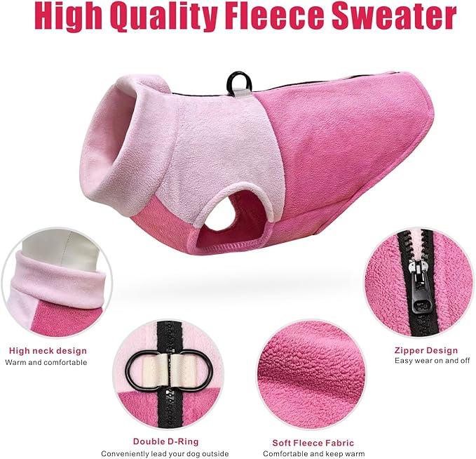 Idepet Dog Fleece Vest Sweater Zip Up Warm Pullover Dogs Jacket with D-Ring Leash Winter Cold Weater Coat Pet Sweatershirt Clothes Hoodie for Small Medium Dogs Boy Girl (Pink/Rose Red, XL)
