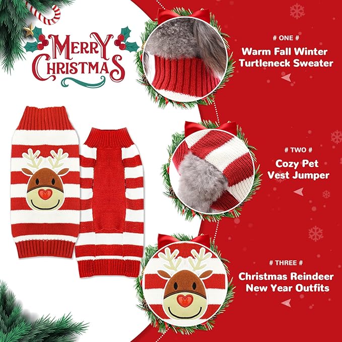 PETCARE Reindeer Christmas Dog Sweater Red Striped Cat Sweater Cartoon Elk Pet Vest Holiday Dog Clothes Puppy Sweaters for Small Medium Large Dogs Cats Fall Winter Outfits Xmas Dogs Costume,XX-Large