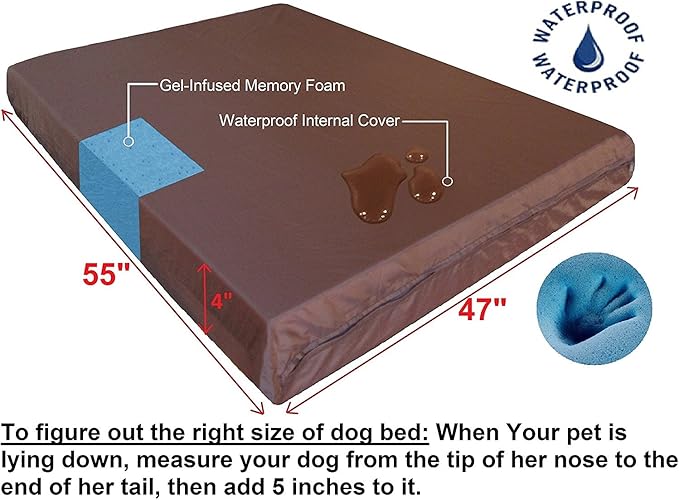 Dogbed4less Orthopedic Waterproof Heavy Duty Gel Memory Foam Dog Bed for Large pet, Denim in Brown, Jumbo 55"X47"X4"