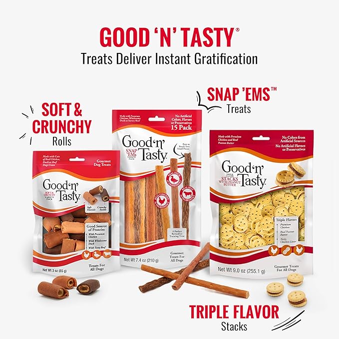 Good 'n' Tasty Triple Flavor Puree Mix-Ins Dog Food Topper Treats for All Dogs, 28 Count, Easy Single-Serve Portions, Added Protein with Salmon, Tuna and Krill, No Chicken or Beef Added