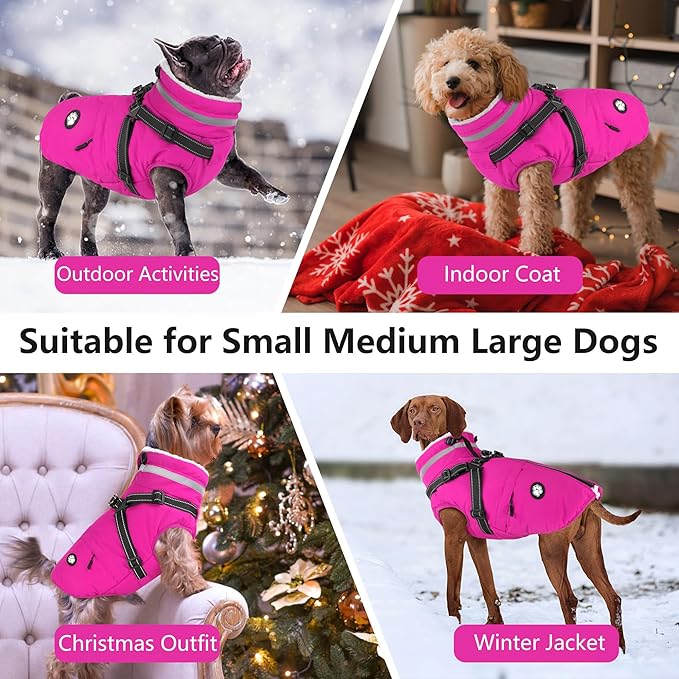 Dogcheer Dog Coat with Harness, Waterproof Dog Jacket Christmas Pet Winter Coat with Pockets, Reflective Doggy Turtleneck Fleece Jacket for Small Medium Large Dogs - Pink, 3XL