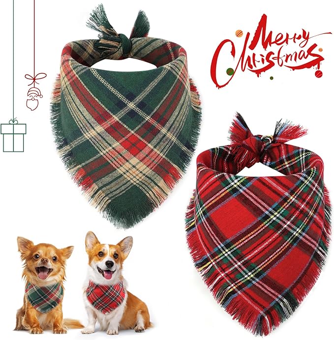 Vivifying Dog Christmas Bandana with Tassels Edges, 2 Pack Classic Plaid Triangle Pet Apparel & Accessories, Funny Holiday Dog Scarf Costume for Photo Prop, and Party Decor (Small, Red&Green)