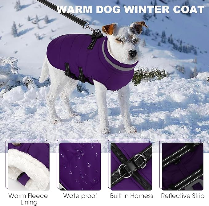 Large Dog Coat with Harness Built-in, Waterproof Reflective Fleece Lined - Warm Windproof Winter Jacket with Back Zipper, Cold Weather Snow Dog Coats - Purple - 2XL