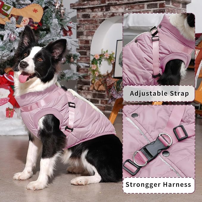 Dog Jacket with Harness,Fleece Lined Warm Puppy Coat for Winter,Soft Windproof Small Dog Vest,Light Pink S