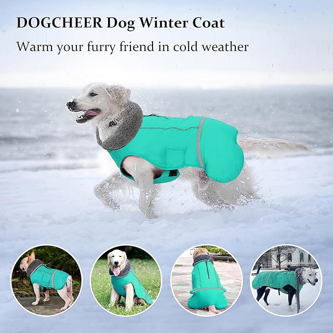 Dogcheer Warm Dog Coat, Waterproof Dog Jacket Christmas Puppy Winter Coat with Buckle, Reflective Adjustable Pet Snow Jacket Turtleneck Fleece Sweater for Small Medium Large Dogs - Pine Green, L