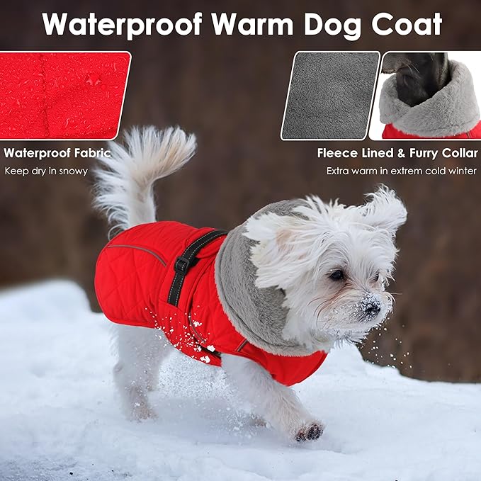Dog Coat, Waterproof Dog Winter Jacket with Adjustable Buckle, Reflective Turtleneck Pet Snow Vest Warm Fleece Sweater for Small Medium Large Dogs - Red, XL