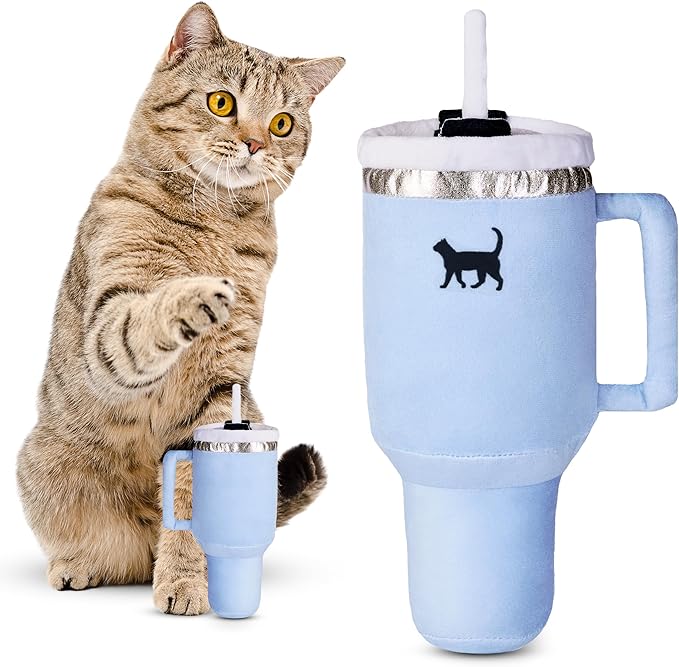 Kitty Cup Catnip Toy - Christmas & Birthday Cat Gift Toy with Catnip & Crinkle, Funny Stocking Stuffer for Girl Indoor Kitten (Chambray Blue)
