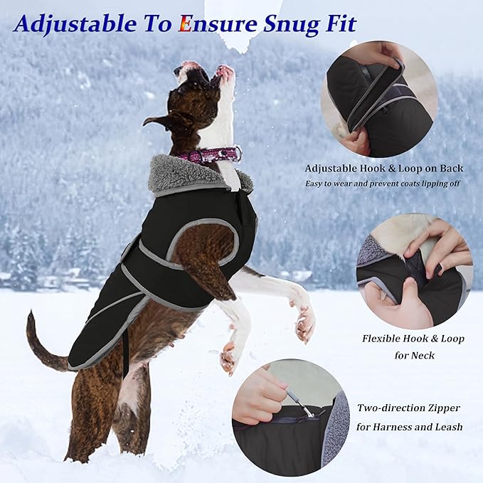 Dogcheer Dog Coat, Waterproof Dog Jacket Reflective Pet Winter Coat with Adjustable Hook & Loop, Christmas Puppy Fleece Jacket Warm Turtleneck Snowsuit for Small Medium Large Dogs - Black, L