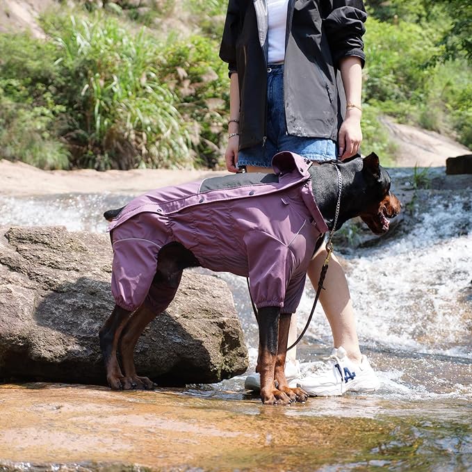 LOVELONGLONG Waterproof Dog Raincoat with Removable Hood – Outdoor Full Body Dog Jacket, Windproof Snowproof Shell Suit – All Season Pet Rain Gear Plum Purple L