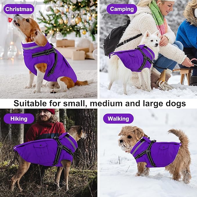 Dogcheer Dog Coat with Harness, Waterproof Warm Dog Winter Jacket with Pockets, Reflective Pet Fleece Jacket Turtleneck Snowsuit for Small Medium Large Dogs - Purple, XS