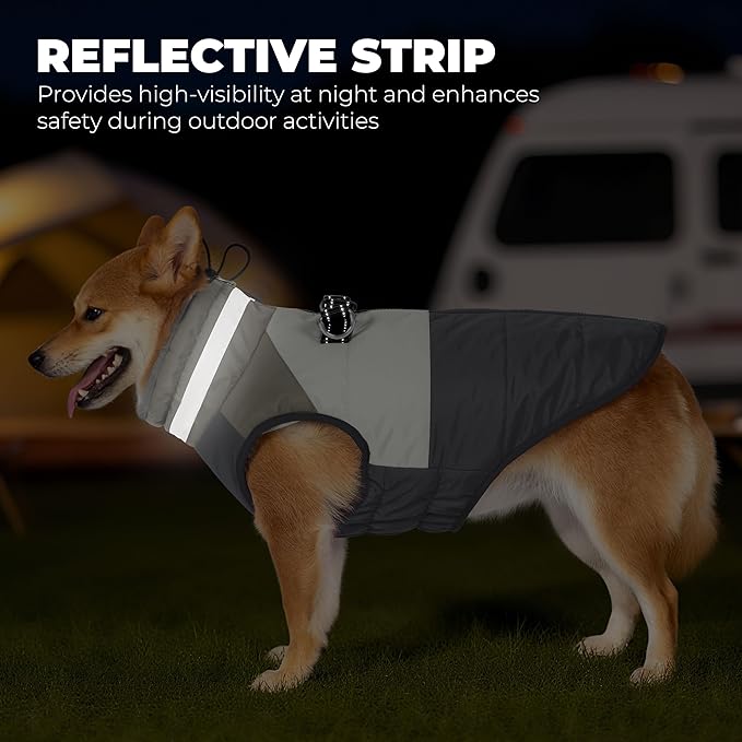 Dog Coat, Waterproof Dog Winter Coats for Small Dogs, Reflective Dogs Jacket with Harness Built in, Zip-up Cold Weather Coats Pet Vest Turtleneck Doggy Snowsuit, Grey Medium