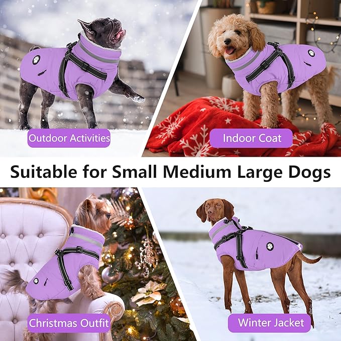 Dogcheer Dog Coat with Harness, Waterproof Dog Jacket, Reflective Puppy Winter Jacket with Pocket, Doggy Turtleneck Fleece Vest for Small Medium Large Dogs - Taro Purple, S