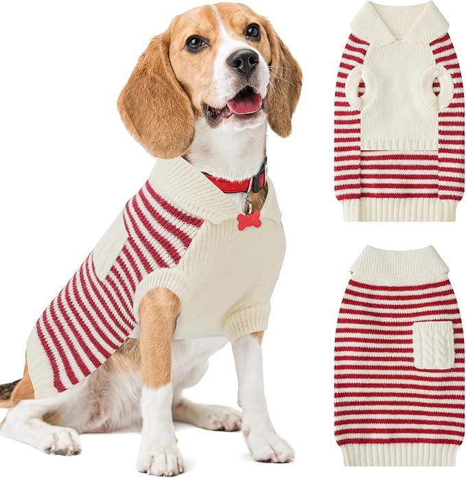 Small Dog Sweater, Knitted Striped Pullover Dog Clothes for Cold Weather, Thick Warm Cozy Stretchy Sweater for Chihuahua, Bulldog, Dachshund, Pug(Red & White Strip, L)
