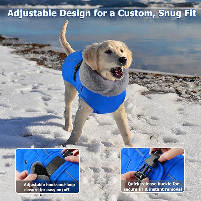 Dogcheer Dog Coat with Pocket, Waterproof Dog Jacket with Adjustable Buckle, Reflective Puppy Winter Coat Warm Turtleneck Fleece SnowJacket for Small Medium Large Dogs - Blue 3XL