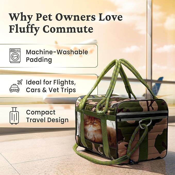 | TSA Airline Approved |Soft Sided Pet Carrier | Cat Carrier | Dog Carrier| Pets Up to 15 lbs | Leash & Luggage Strap | Camo Green Handle